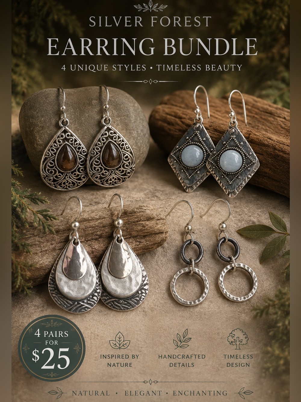 Silver Forest Earring Bundle | 4 Pairs Artisan Boho Nature Inspired Earrings